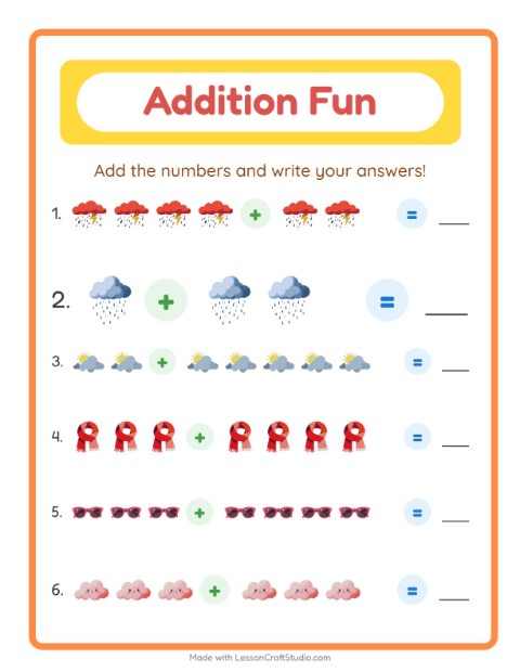 Preview of Addition worksheet featuring Weather for kindergarten