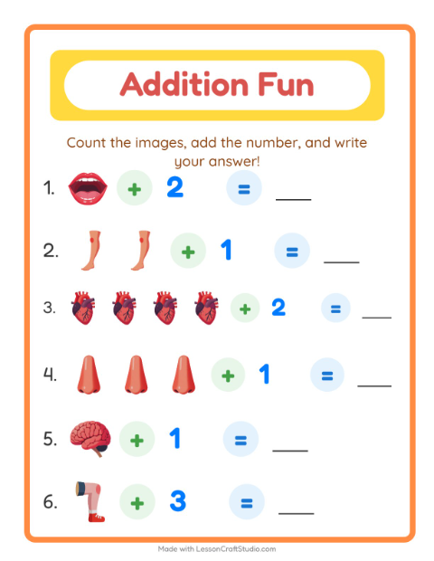 Preview of Addition worksheet featuring Miscellaneous for kindergarten