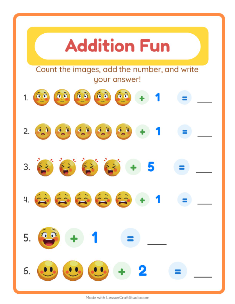 Preview of Addition worksheet featuring Emotions for kindergarten