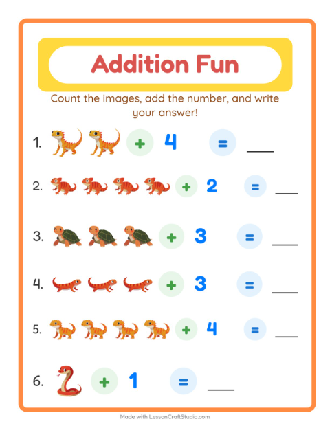 Preview of Addition with Reptiles and Amphibians — Kindergarten