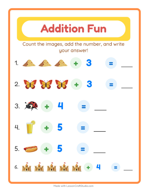 Preview of Addition worksheet featuring Summer for kindergarten