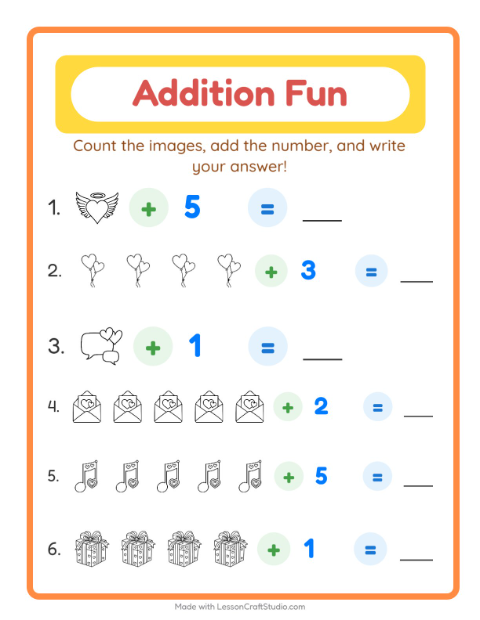 Addition with Valentine Pictures (Black & White)