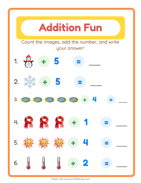 Preview of Addition worksheet featuring Weather for kindergarten