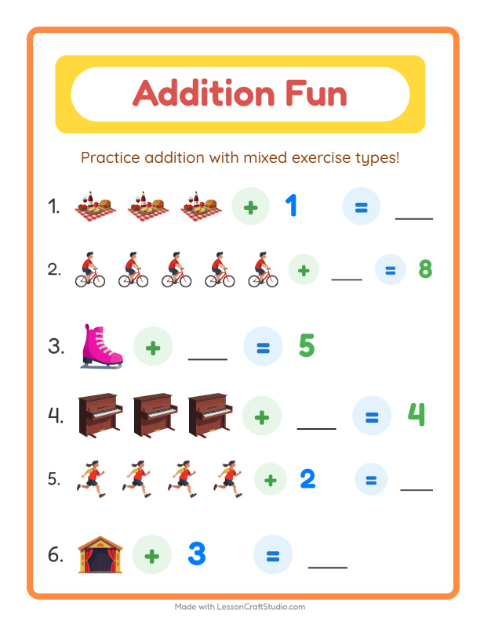 Preview of Addition worksheet featuring Activities for kindergarten
