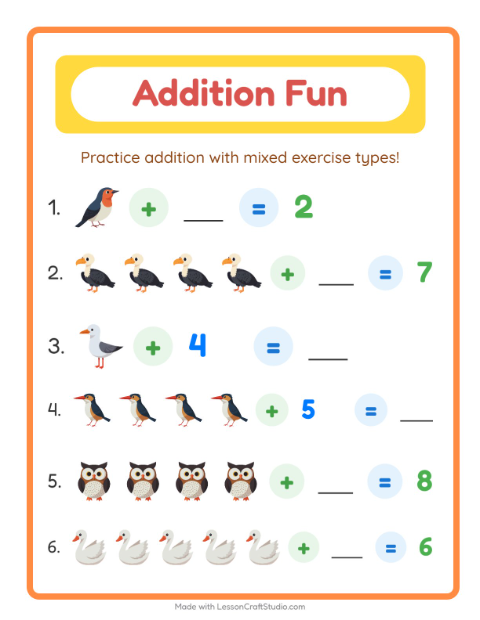 Addition with Birds — Kindergarten — 2