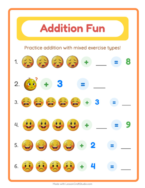 Preview of Addition worksheet featuring Emotions for kindergarten