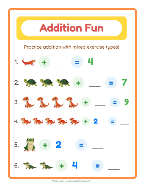 Preview of Addition with Reptiles and Amphibians — Kindergarten