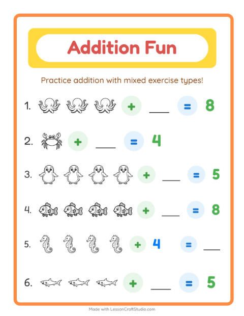 Addition with Sea Creatures (Black & White)