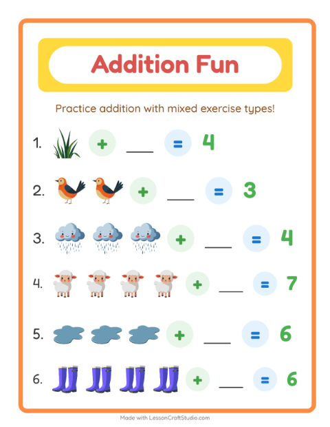 Preview of Addition worksheet featuring Spring for kindergarten