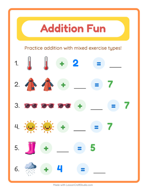 Preview of Addition worksheet featuring Weather for kindergarten
