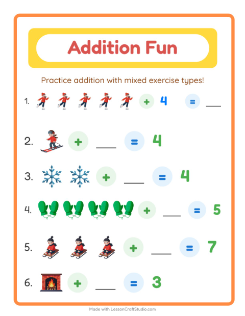 Preview of Addition worksheet featuring Winter for kindergarten