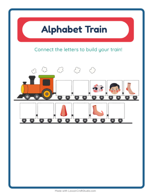 Preview of Alphabet Train worksheet featuring Body Parts for preschool