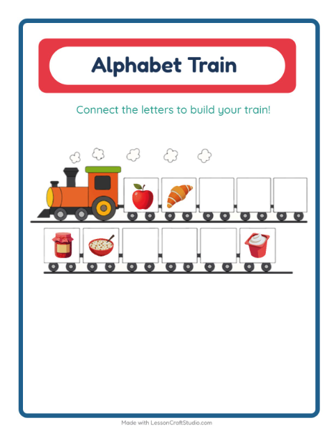 Preview of Alphabet Train worksheet featuring Breakfast for preschool