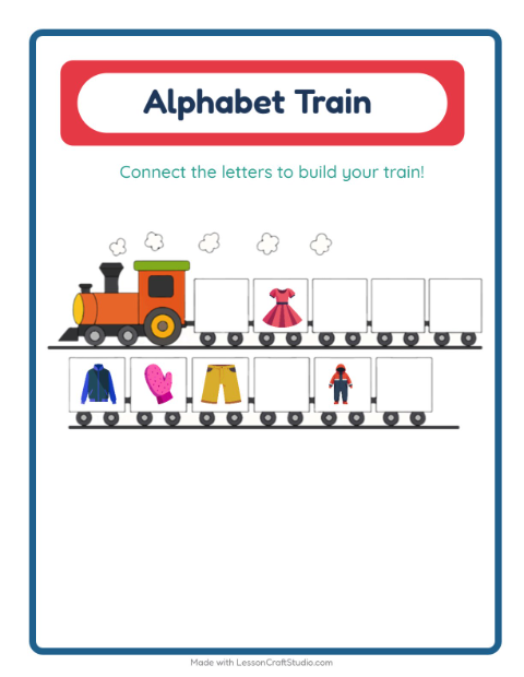 Preview of Alphabet Train worksheet featuring Clothing for preschool