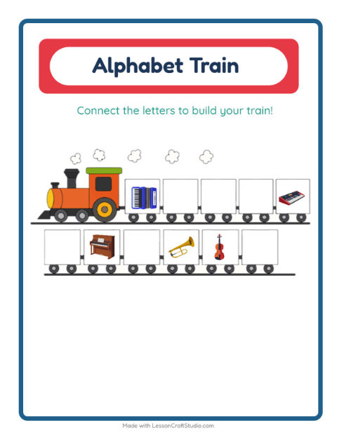Preview of Alphabet Train worksheet featuring Music for preschool