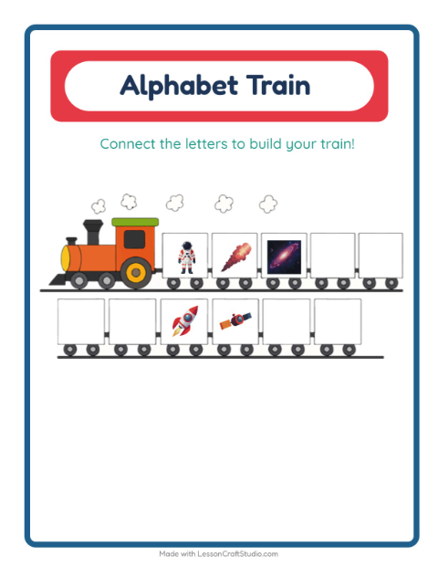 Preview of Alphabet Train worksheet featuring Space for preschool