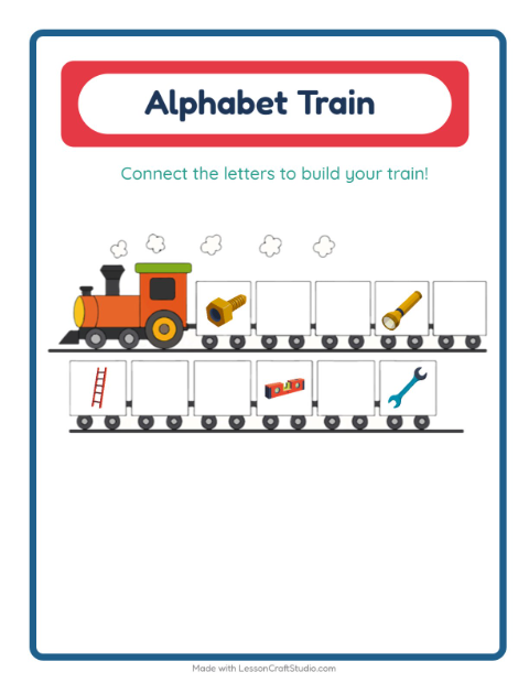 Preview of Alphabet Train worksheet featuring Tools for preschool