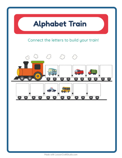 Preview of Alphabet Train worksheet featuring Vehicles for preschool