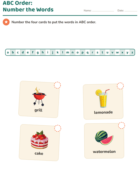 Preview of Alphabetical Order worksheet featuring 4th of July for grade 1