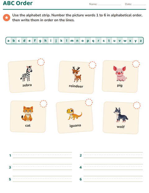 ABC Order: Put Six Animal Words in Alphabetical Order