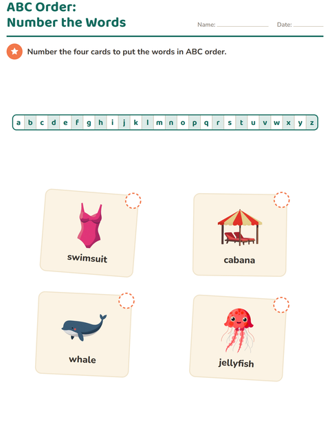 Preview of Alphabetical Order worksheet featuring Beach for grade 1
