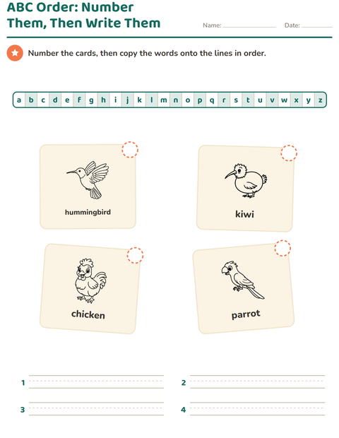 Preview of Alphabetical Order worksheet featuring Birds BW for grade 1