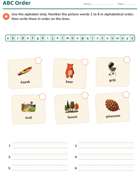 Preview of Alphabetical Order worksheet featuring Camping for grade 1