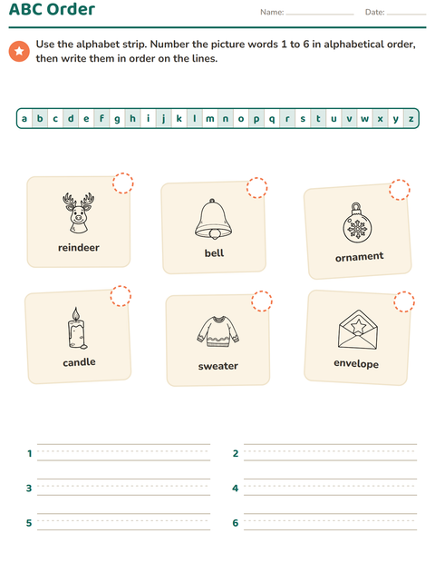 Preview of Alphabetical Order worksheet featuring Christmas B&W for grade 1