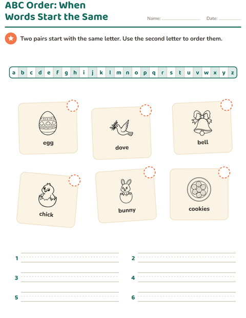 Preview of Alphabetical Order worksheet featuring Easter BW 2 for grade 1