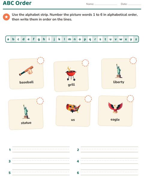 Preview of Alphabetical Order worksheet featuring 4th of July for grade 1