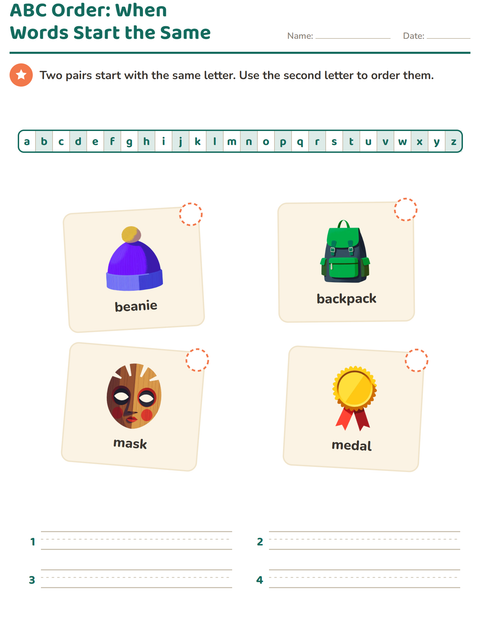 Preview of Alphabetical Order worksheet featuring Accessories for grade 1