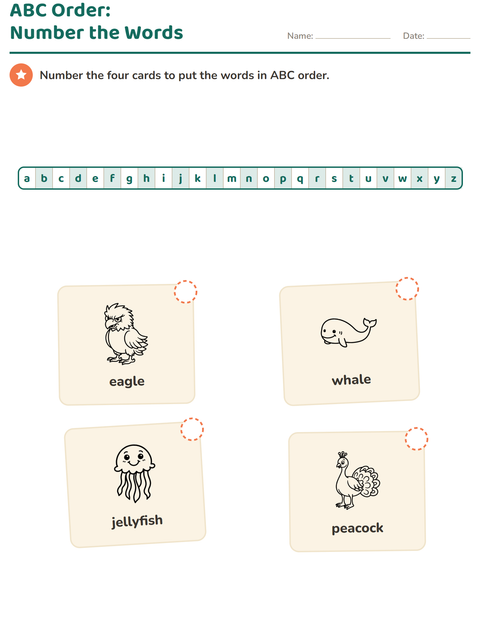Preview of Alphabetical Order worksheet featuring Animals BW 5 for grade 1