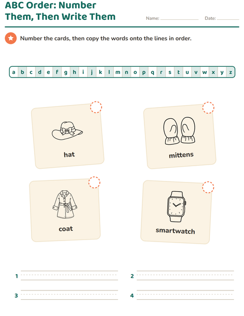 Preview of Alphabetical Order worksheet featuring Apparel BW for grade 1
