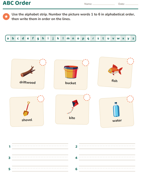 Preview of Alphabetical Order worksheet featuring Beach for grade 1