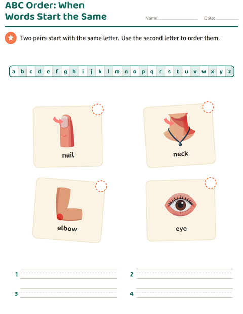 Preview of Alphabetical Order worksheet featuring Body Parts for grade 1