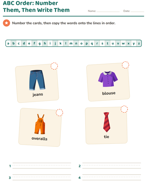 Preview of Alphabetical Order worksheet featuring Clothing for grade 1