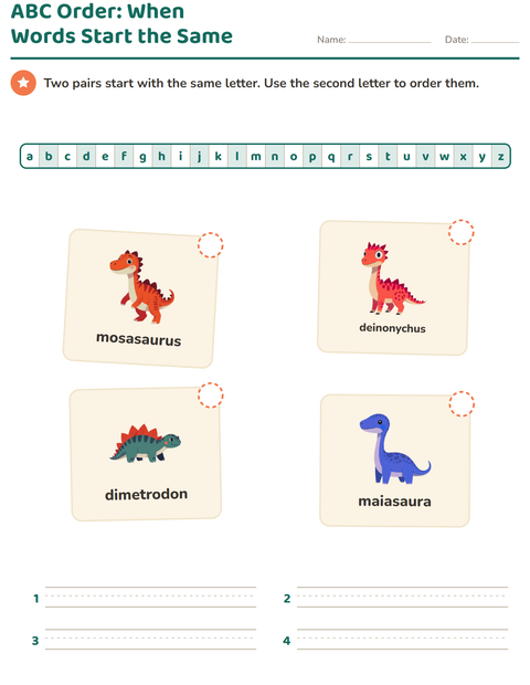 Preview of Alphabetical Order worksheet featuring Dinosaurs for grade 1
