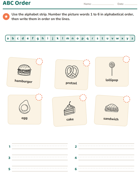 Preview of Alphabetical Order worksheet featuring Food BW 2 for grade 1