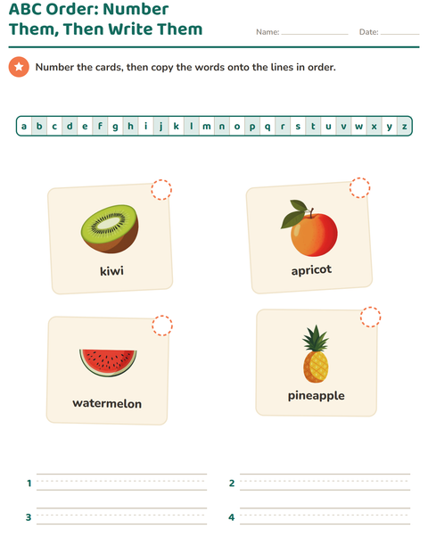 Preview of Alphabetical Order worksheet featuring Fruits for grade 1
