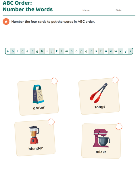 Preview of Alphabetical Order worksheet featuring Kitchen Tools for grade 1
