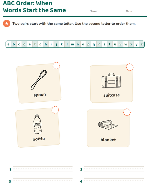Preview of Alphabetical Order worksheet featuring Objects BW for grade 1