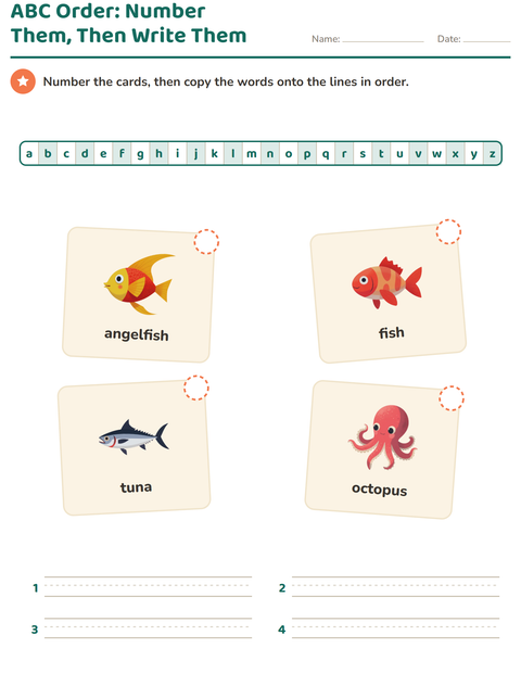Preview of Alphabetical Order worksheet featuring Ocean Life for grade 1