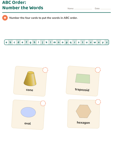 Preview of Alphabetical Order worksheet featuring Shapes for grade 1