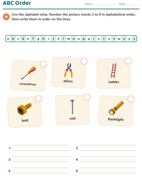 Preview of Alphabetical Order worksheet featuring Tools for grade 1