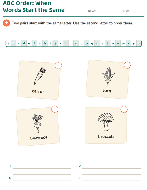 Preview of Alphabetical Order worksheet featuring Vegetables BW for grade 1