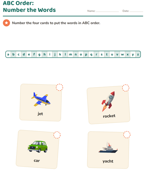 Preview of Alphabetical Order worksheet featuring Vehicles for grade 1