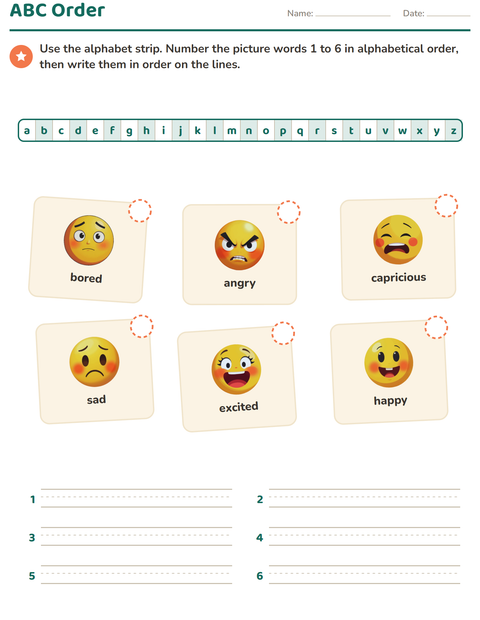 Preview of Alphabetical Order worksheet featuring Emotions for grade 1
