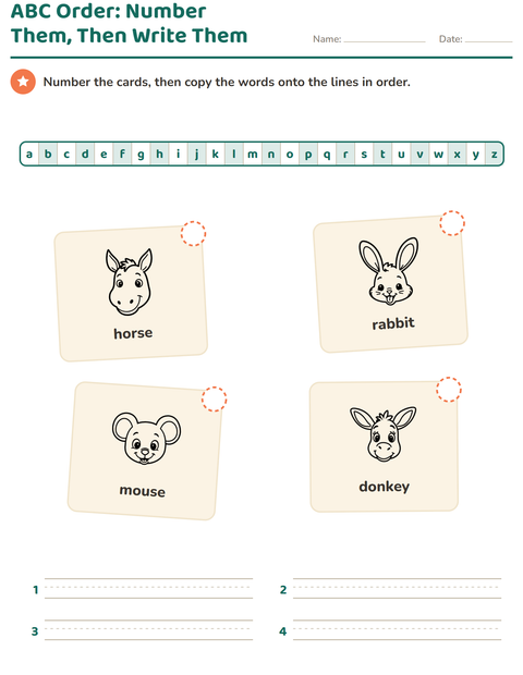 Preview of Alphabetical Order worksheet featuring Faces BW for grade 1
