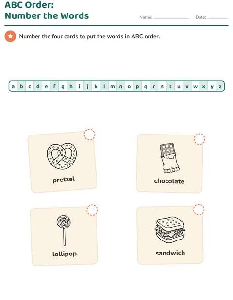 Preview of Alphabetical Order worksheet featuring Food BW for grade 1