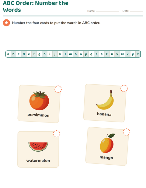 ABC Order: Number Four Fruit Cards 1 to 4